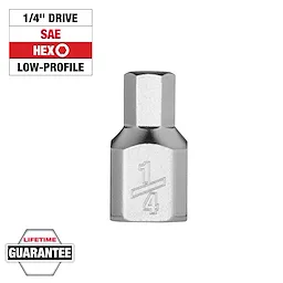 1/4" Drive 1/4" Low-Profile Hex Bit Socket, silver, showcases drive size and low-profile design with lifetime guarantee label.