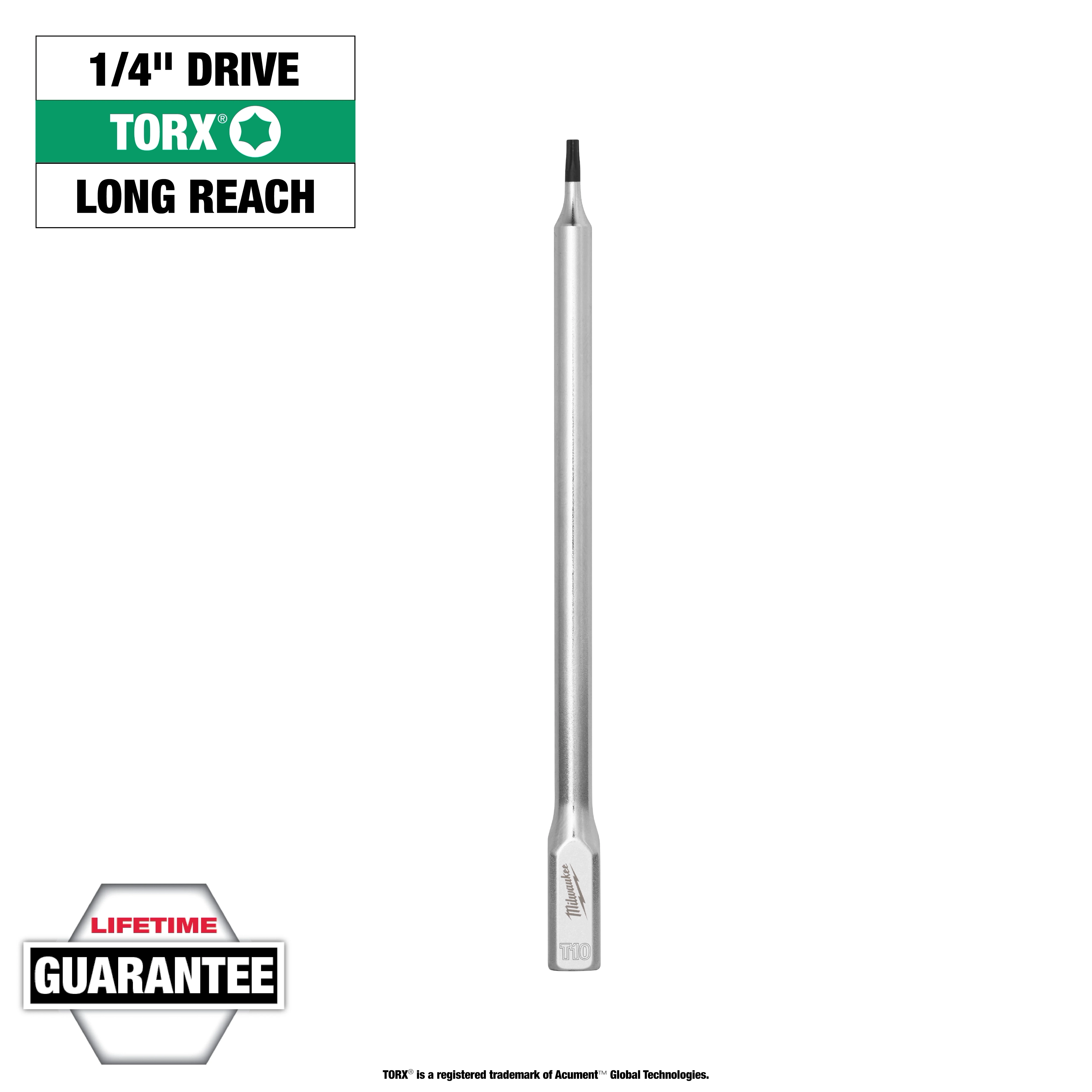 1/4" Drive T10 Long TORX Bit Socket, a long-reach bit for precision tasks. It includes a lifetime guarantee.