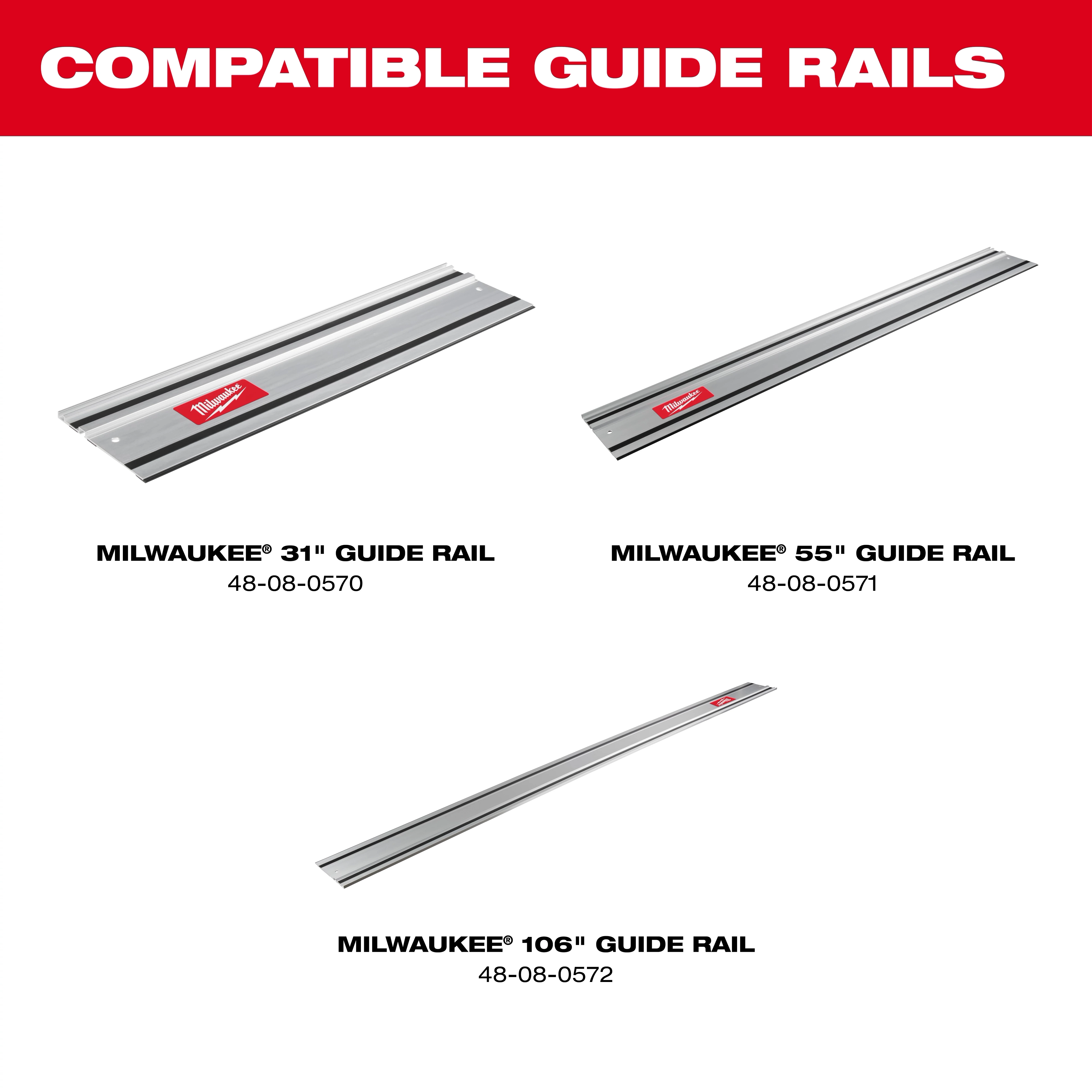 M18 FUEL 1/2" Track Adapter compatible with Milwaukee 31", 55", and 106" guide rails, part numbers 48-08-0570, 48-08-0571, 48-08-0572.