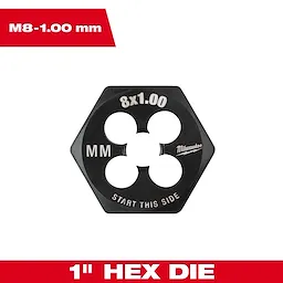 M8-1.00 mm 1-Inch Hex Threading Die with four cutting edges, labeled "START THIS SIDE" and "8x1.00" with MM engraving.