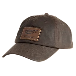 Brown Waxed Canvas Adjustable Hat featuring a rectangular leather patch with the text "Milwaukee Founded in 1924" on the front.