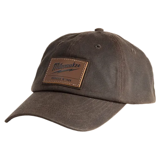 Brown Waxed Canvas Adjustable Hat featuring a rectangular leather patch with the text "Milwaukee Founded in 1924" on the front.