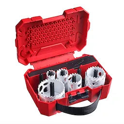 10%20PC%20Carbide%20Dozer set in a red hard case with six hole saw blades and accessories, featuring a black carrying strap.