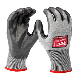 Cut Level 5 High Dexterity Polyurethane Dipped Gloves - XXL, gray gloves with black palms and red cuffs, shown facing each other.