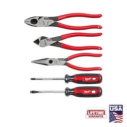 The image shows a 5PC Dipped Grip Cutting Pliers & Cushion Grip Screwdrivers Set (USA) with three pliers and two screwdrivers featuring red handles. Labels indicate a lifetime guarantee and "Made in USA."