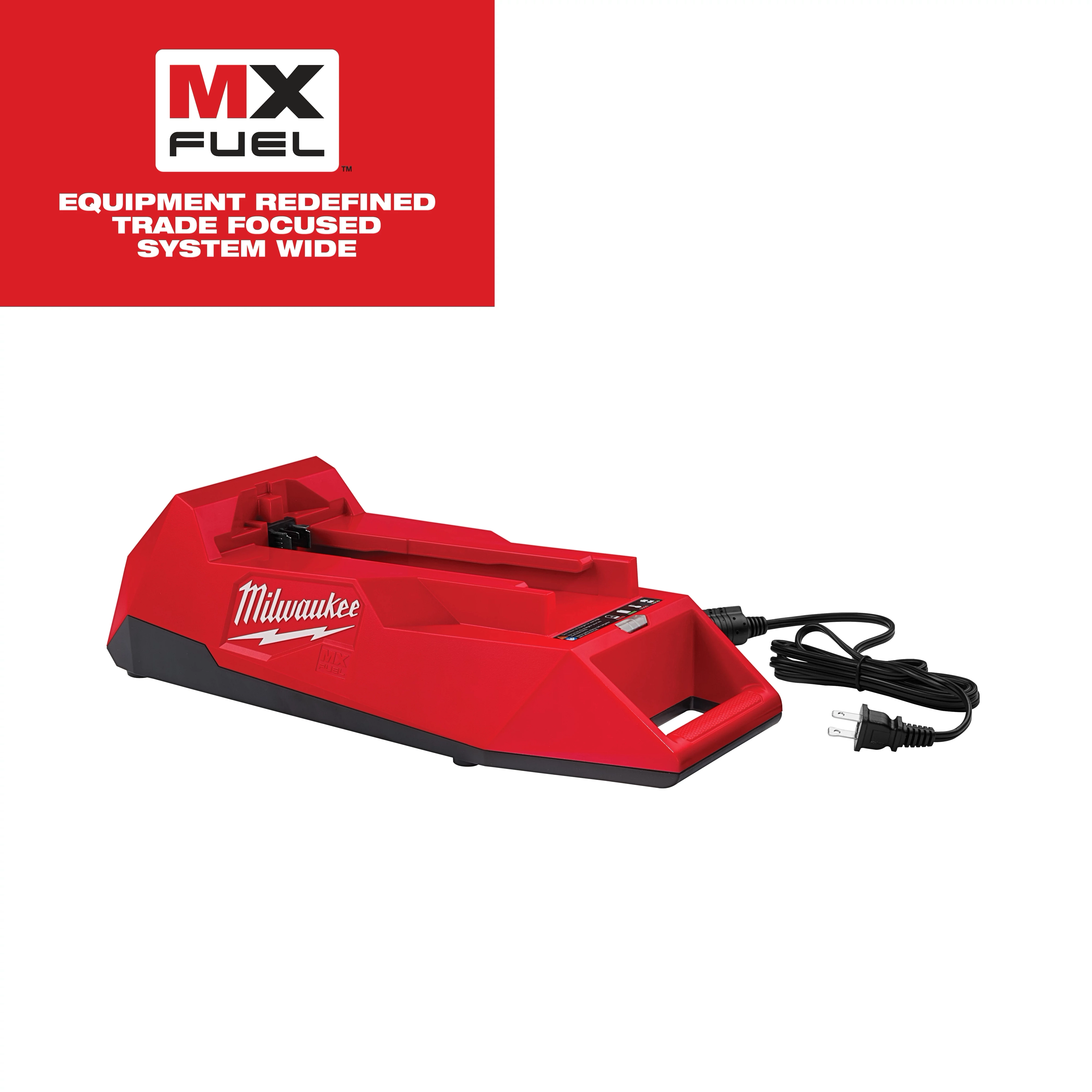 Milwaukee MX Fuel equipment charger, red, with attached power cord, branded "Equipment Redefined Trade Focused System Wide" in the corner.