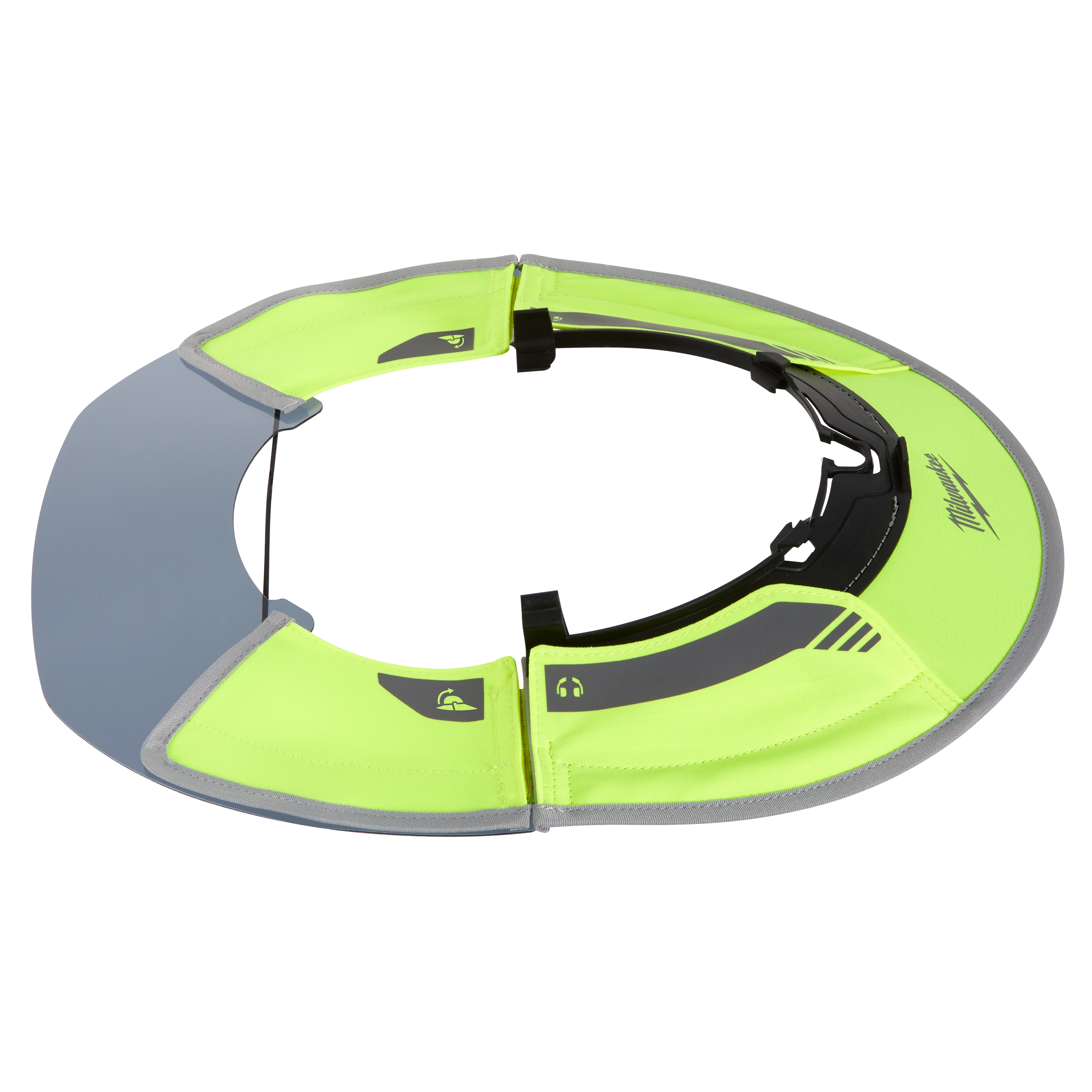 The BOLT Sun Visor is a yellow high-visibility safety accessory. It features a grey tinted visor and a black attachment mechanism labeled with the brand logo. The design includes reflective elements and is intended to provide sun protection while enhancing visibility for the user.