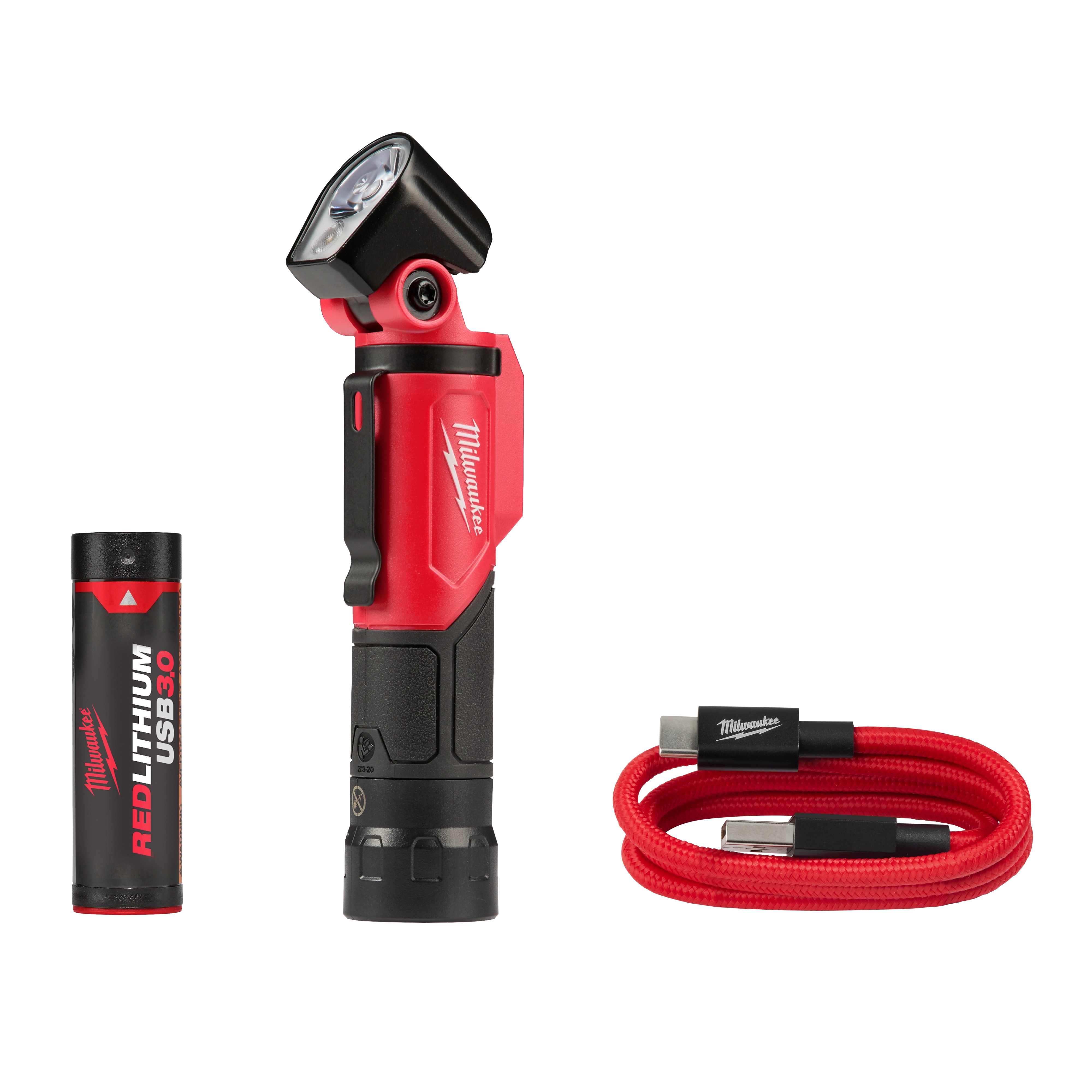 USB Rechargeable Pivoting Flashlight Kit includes a black and red pivoting flashlight, a USB red lithium battery, and a red USB-C charging cable.