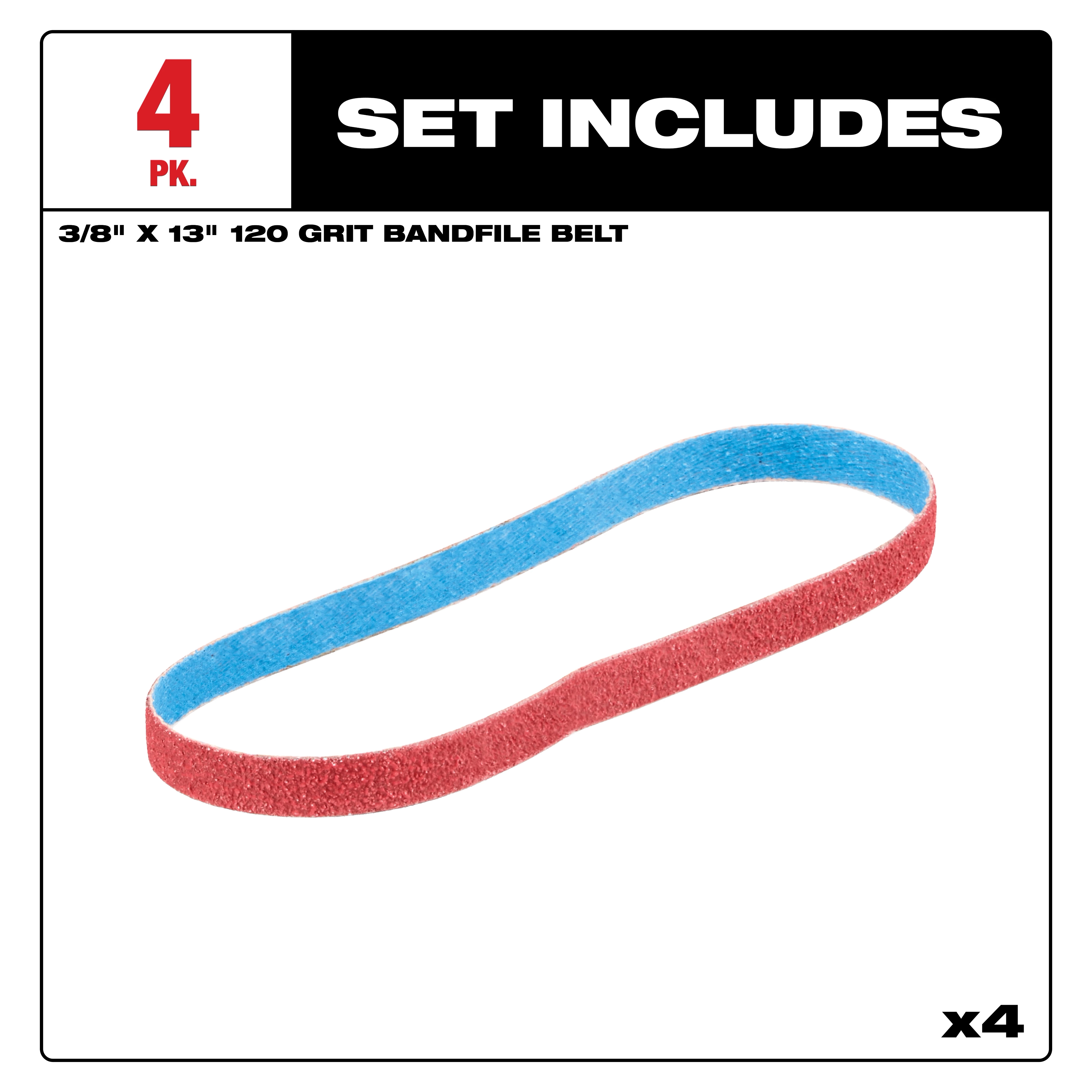 Includes image of the Milwaukee 3/8” x 13” 120 Grit Bandfile Belt