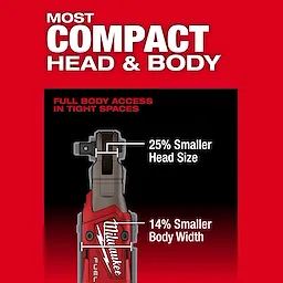 The M12 FUEL 3/8" Ratchet, designed for full-body access in tight spaces, features a 25% smaller head size and 14% smaller body width for increased maneuverability. Marketing text highlights its compact head and body.