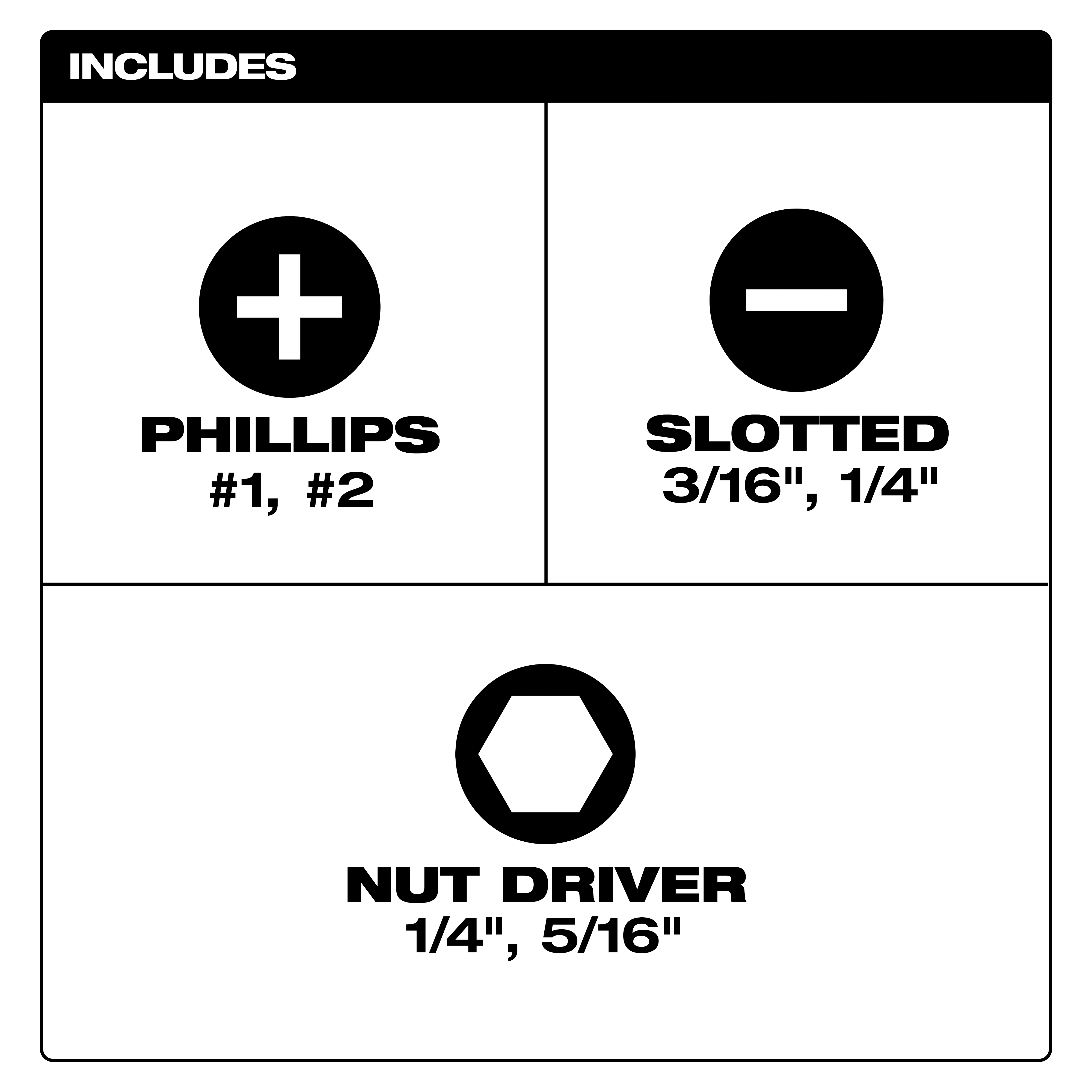 The product image for the 6-IN-1 Stubby Multi-Bit Screwdriver indicates it includes Phillips #1 and #2 bits, Slotted 3/16" and 1/4" bits, and Nut Driver 1/4" and 5/16" bits.