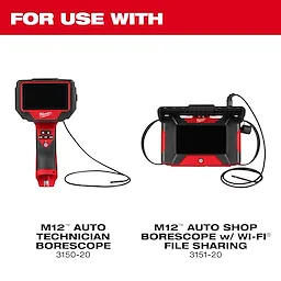The 5mm 5' Borescope Camera Cable is compatible with M12 Auto Technician Borescope 3150-20 and M12 Auto Shop Borescope with Wi-Fi File Sharing 3151-20, both with red and black bodies and features for automotive diagnostics.