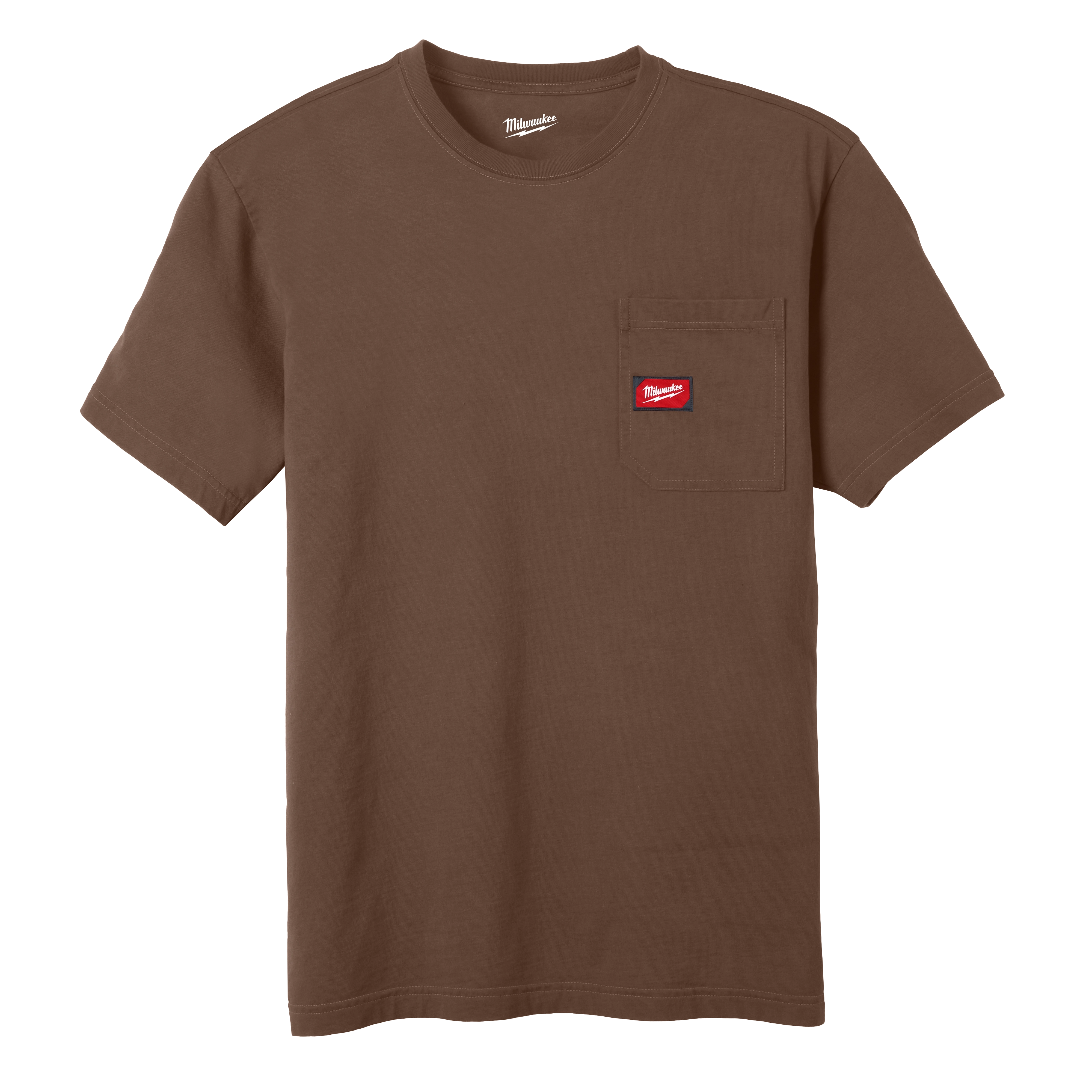 Heavy Duty Pocket T-Shirt - Brown with a front chest pocket featuring a small red logo patch. Plain brown short-sleeve design.