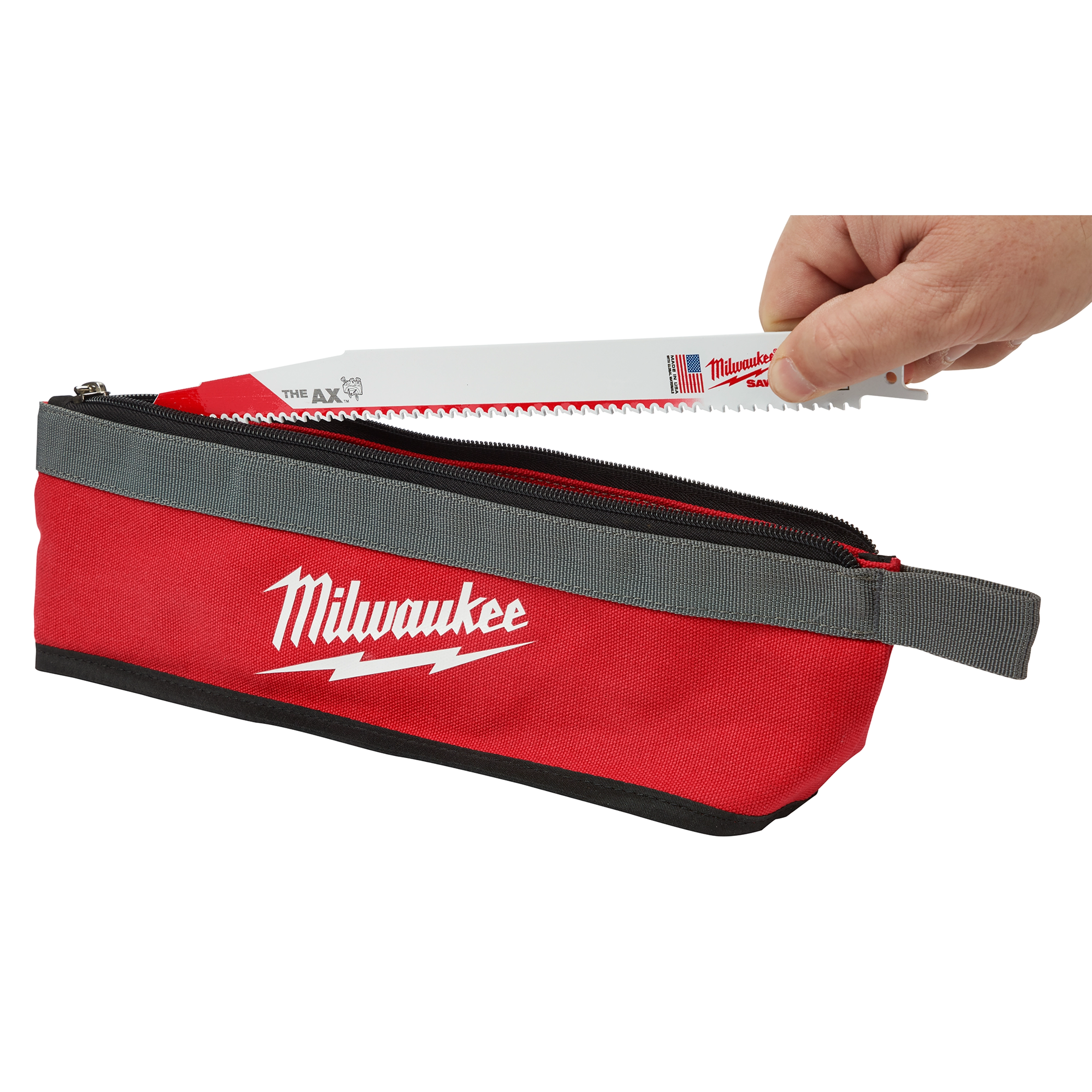 The 3PC Multi-Size Zipper Pouches are shown, with one red and grey pouch unzipped, displaying a hand holding a saw blade above it. The pouch has "Milwaukee" printed in white text.