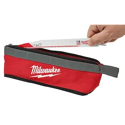 The 3PC Multi-Size Zipper Pouches are shown, with one red and grey pouch unzipped, displaying a hand holding a saw blade above it. The pouch has "Milwaukee" printed in white text.