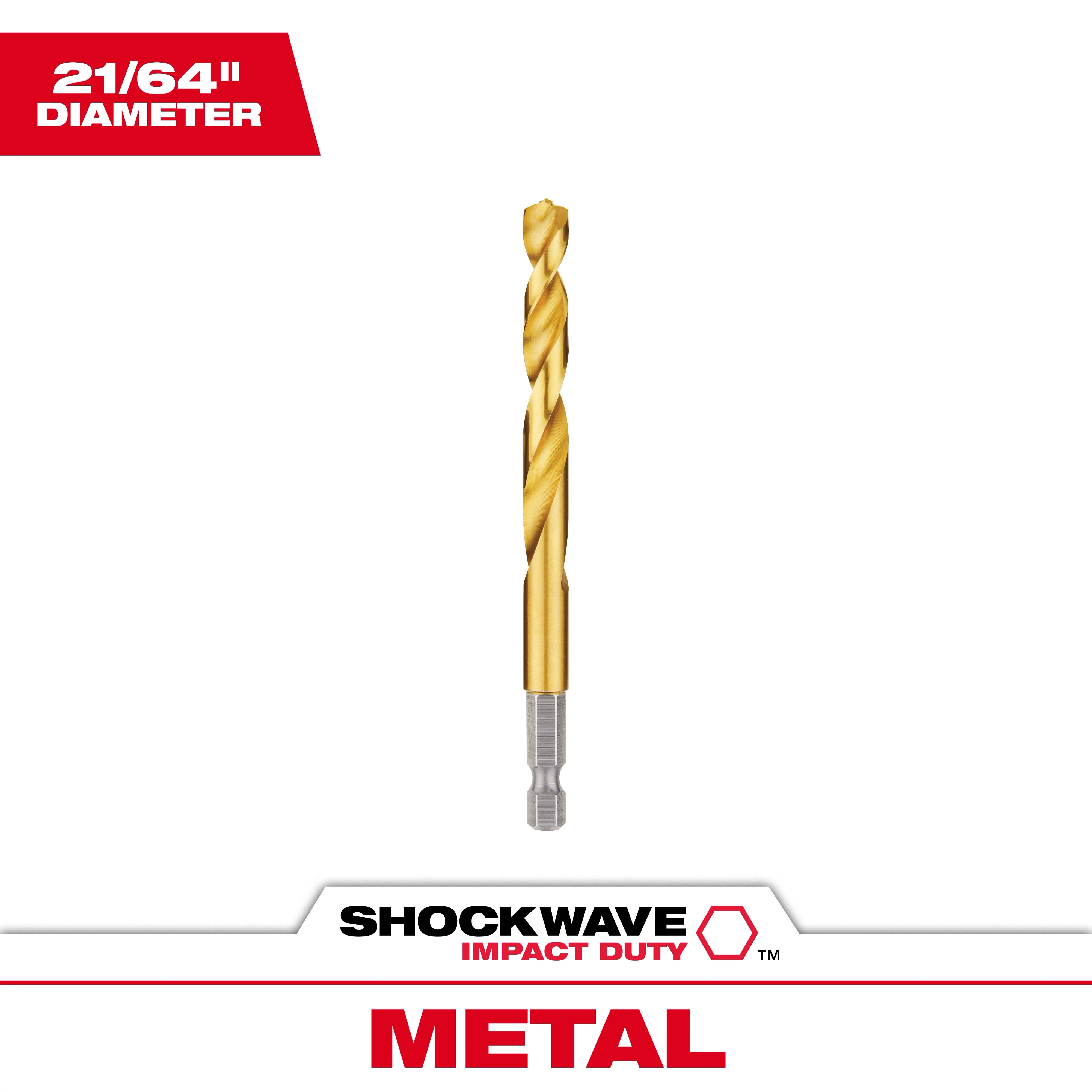 48-89-4618 Primary Image displays a 21/64" diameter, gold-colored, hex shank drill bit for metal. Shockwave Impact Duty is visible.