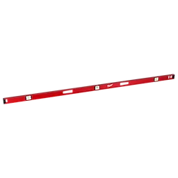 The Milwaukee® 78" Magnetic I-Beam Level is a red, long measuring tool with three bubble vials for horizontal and vertical leveling. It features two hand holes for easy use and has magnetic capabilities for secure attachment to metal surfaces.