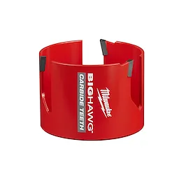 Red 3-5/8" BIG HAWG with Carbide Teeth hole saw with three cutting blades and label displaying the product name on the side.