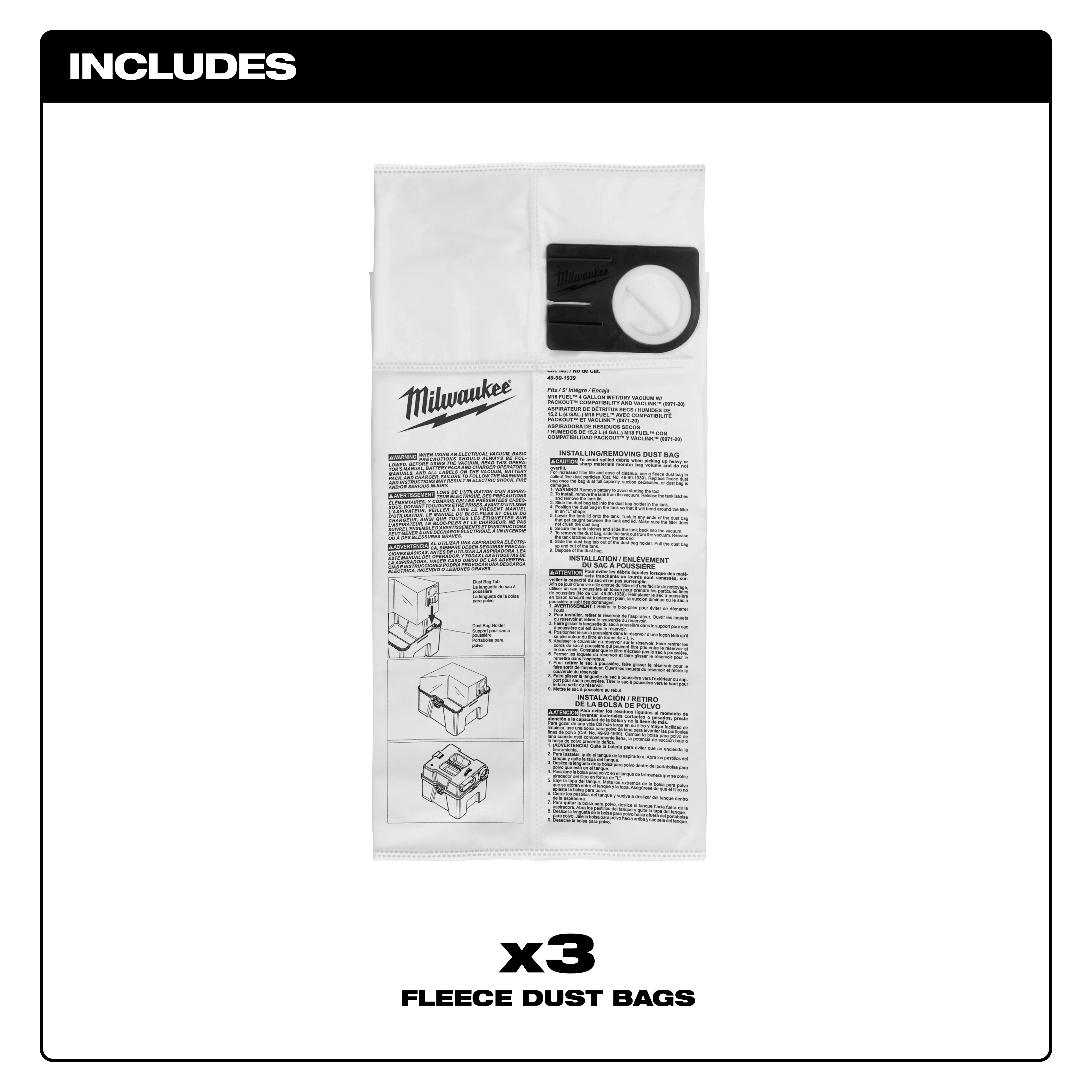 Single rectangular Fleece Dust Bags (3 PK) package with printed text and circular connector panel.