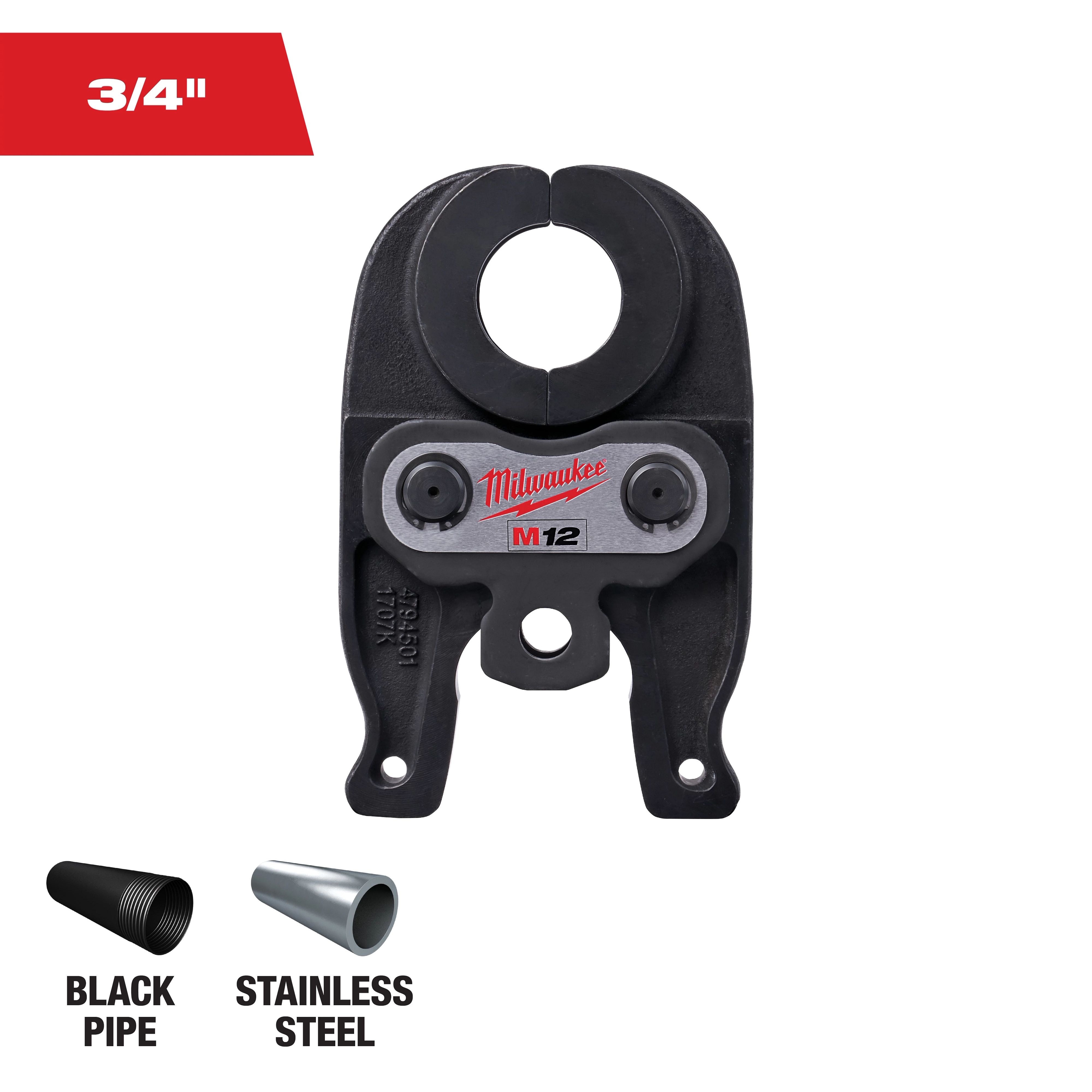 This image shows a Milwaukee M12 pipe cutter head designed for cutting 3/4" pipes. The tool is compatible with black pipe and stainless steel, as indicated by icons at the bottom of the image. The tool is primarily black with a metal component labeled "Milwaukee M12."