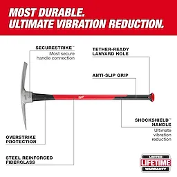 5lb Pick Mattock (36" Handle) with SecureStrike handle connection, anti-slip grip, Shockshield handle, and steel-reinforced fiberglass.