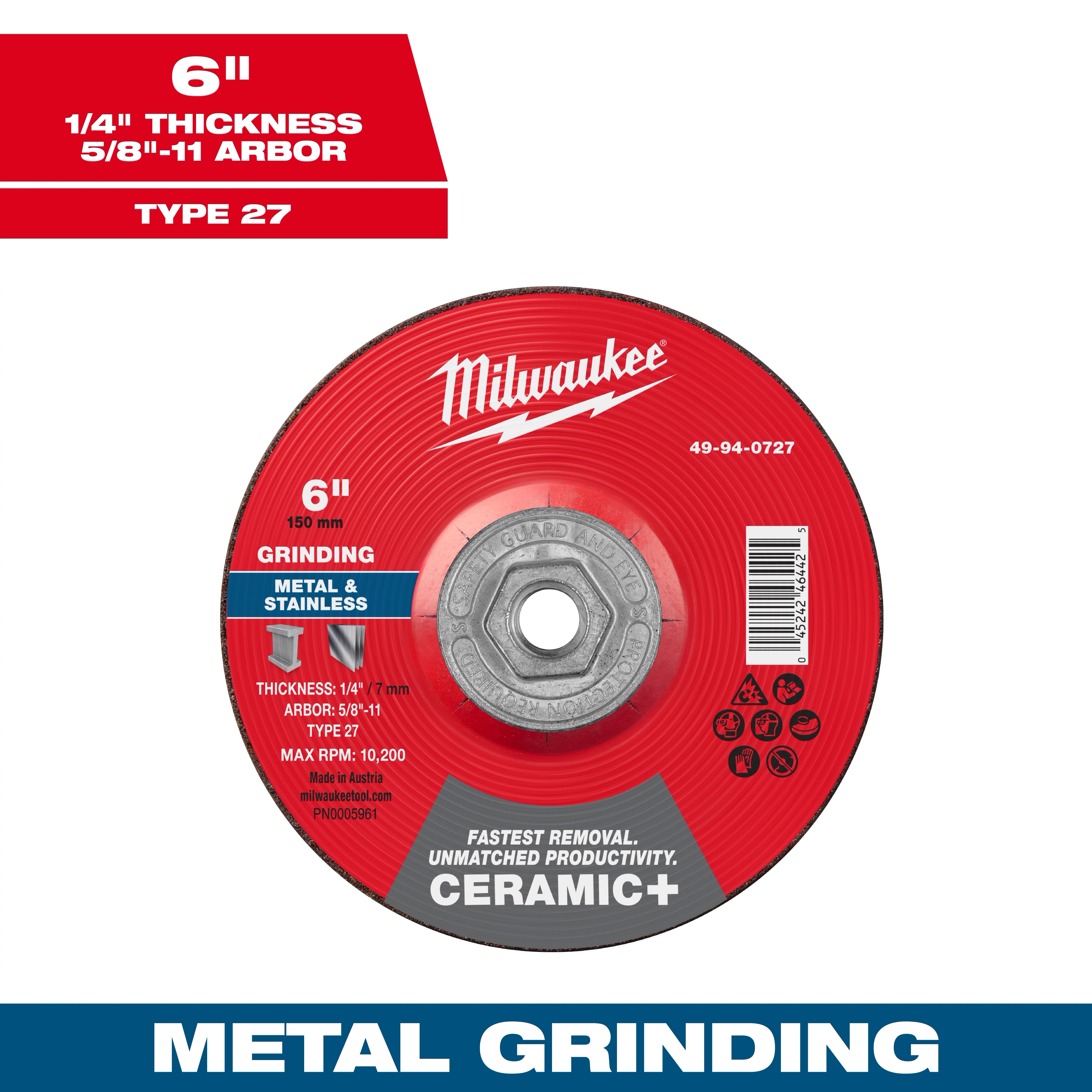 6" x 1/4" x 5/8"-11 Ceramic+ Metal Grinding Wheel - Type 27, red and silver, designed for grinding metal and stainless steel.