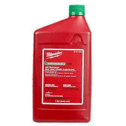 Milwaukee's 1 Quart Biodegradable All Season Bar and Chain Lubricant comes in a red container with a green cap. The front label highlights its biodegradable nature and suitability for various chainsaws and pole saws. The lubricant provides high tack and easy wash-off features.