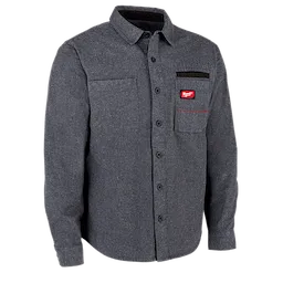The GRIDIRON Flannel Shirt is a long-sleeve, button-down shirt with a gray textured fabric. It features a collar and two chest pockets. The design is rugged and suitable for work environments.