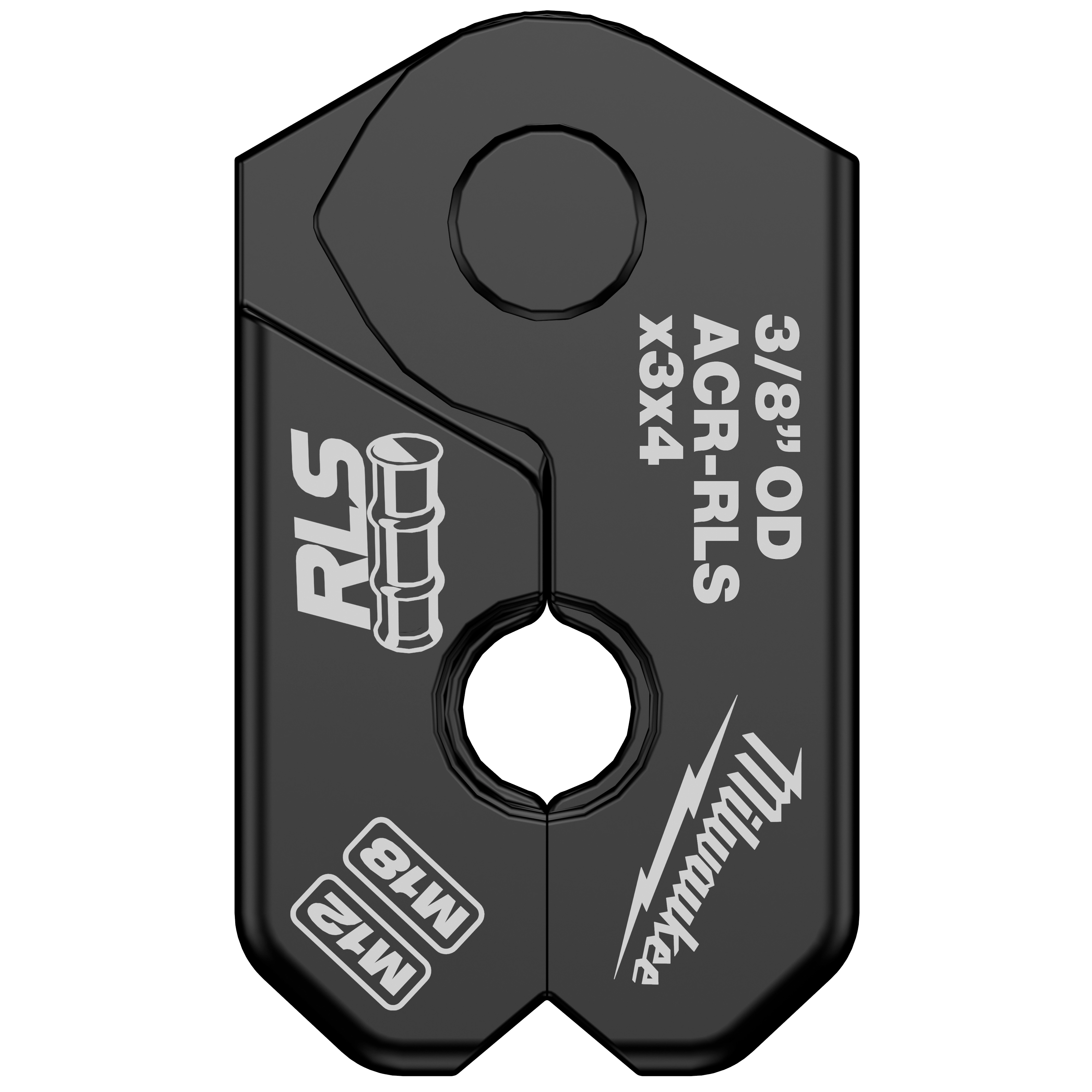 The 3/8" RLS® Pivoting Press Ring by Milwaukee is a black, metal tool designed with precise cut-outs and labeled measurements. It features branding and technical specifications prominently displayed, such as 3/8" OD ACR-RLS X3X4 and M12, along with the Milwaukee logo.
