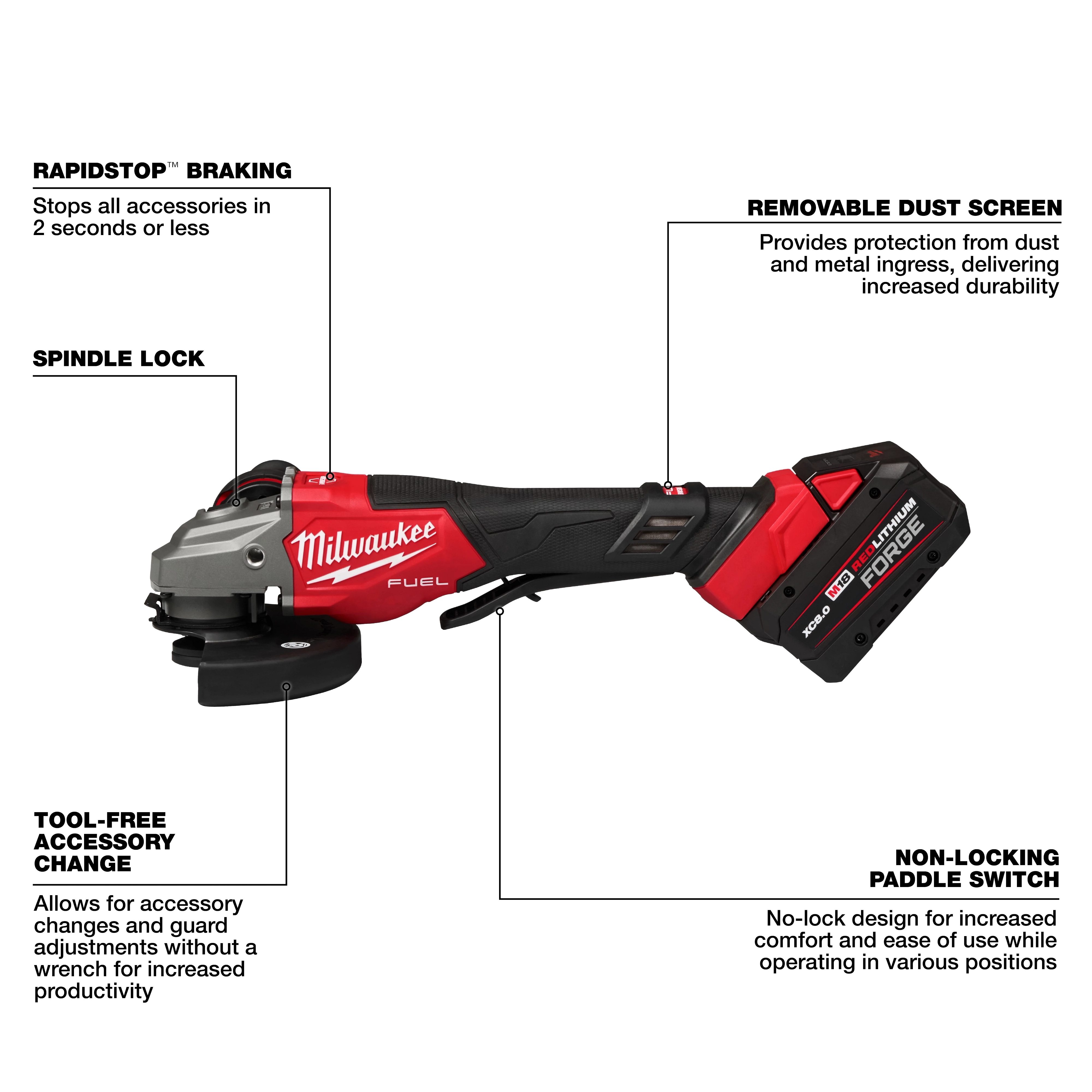 The M18 FUEL™ 4-1/2"-6" Braking Grinder, Paddle Switch features RapidStop™ braking, a removable dust screen, a spindle lock, tool-free accessory change, and a non-locking paddle switch. It offers durability, ease of use, and safety enhancements for various grinding tasks.