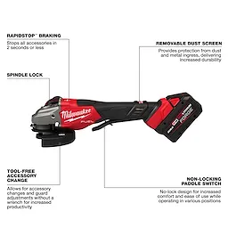 The M18 FUEL™ 4-1/2"-6" Braking Grinder, Paddle Switch features RapidStop™ braking, a removable dust screen, a spindle lock, tool-free accessory change, and a non-locking paddle switch. It offers durability, ease of use, and safety enhancements for various grinding tasks.
