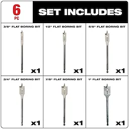 6PC FLAT BORING BIT KIT includes six flat boring bits of varying sizes: 3/8 inch, 1/2 inch, 5/8 inch, 3/4 inch, 7/8 inch, and 1 inch. Each bit is displayed individually on the product image.