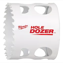 RANGE%20OF%20Hole%20Dozer%20Bi-Metal%20Hole%20Saw%202-1%2F4%22%202-5%2F16%22 with jagged teeth, white body, and red logo, designed for cutting holes.