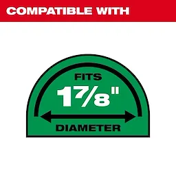 The M18 FUEL™ 3-in-1 Backpack Vacuum is compatible with a 1-7/8 inch diameter. The image shows a green semi-circle with text stating "Fits 1-7/8 inch diameter" and a black arrow indicating the measurement. A red banner at the top reads "Compatible with."