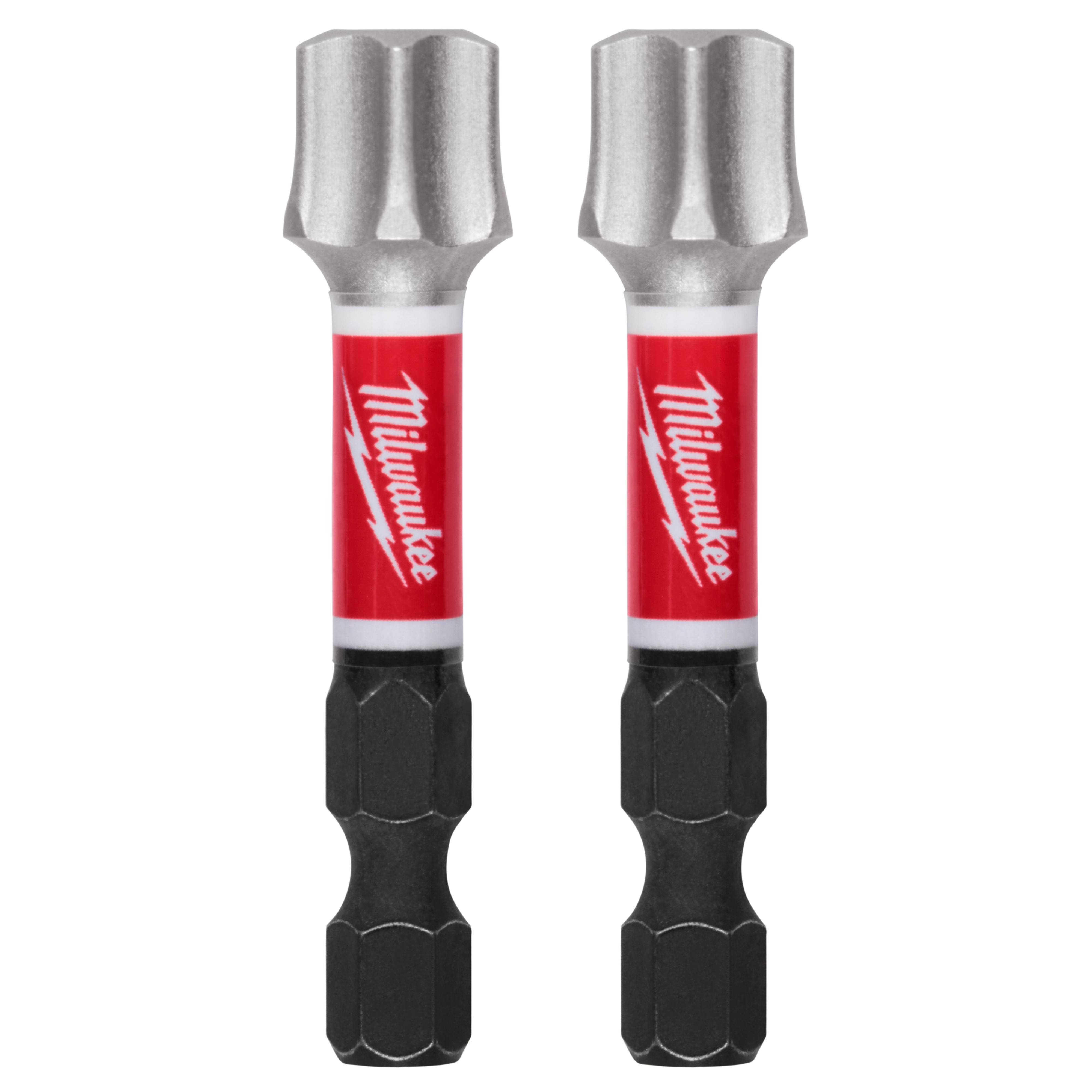 The image shows two identical chrome Milwaukee hex shank nut drivers with red and white branding in the middle. The hex shank section is black, and the top part has a hexagonal socket. The brand logo includes the word "Milwaukee" and a lightning bolt.