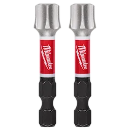 The image shows two identical chrome Milwaukee hex shank nut drivers with red and white branding in the middle. The hex shank section is black, and the top part has a hexagonal socket. The brand logo includes the word "Milwaukee" and a lightning bolt.