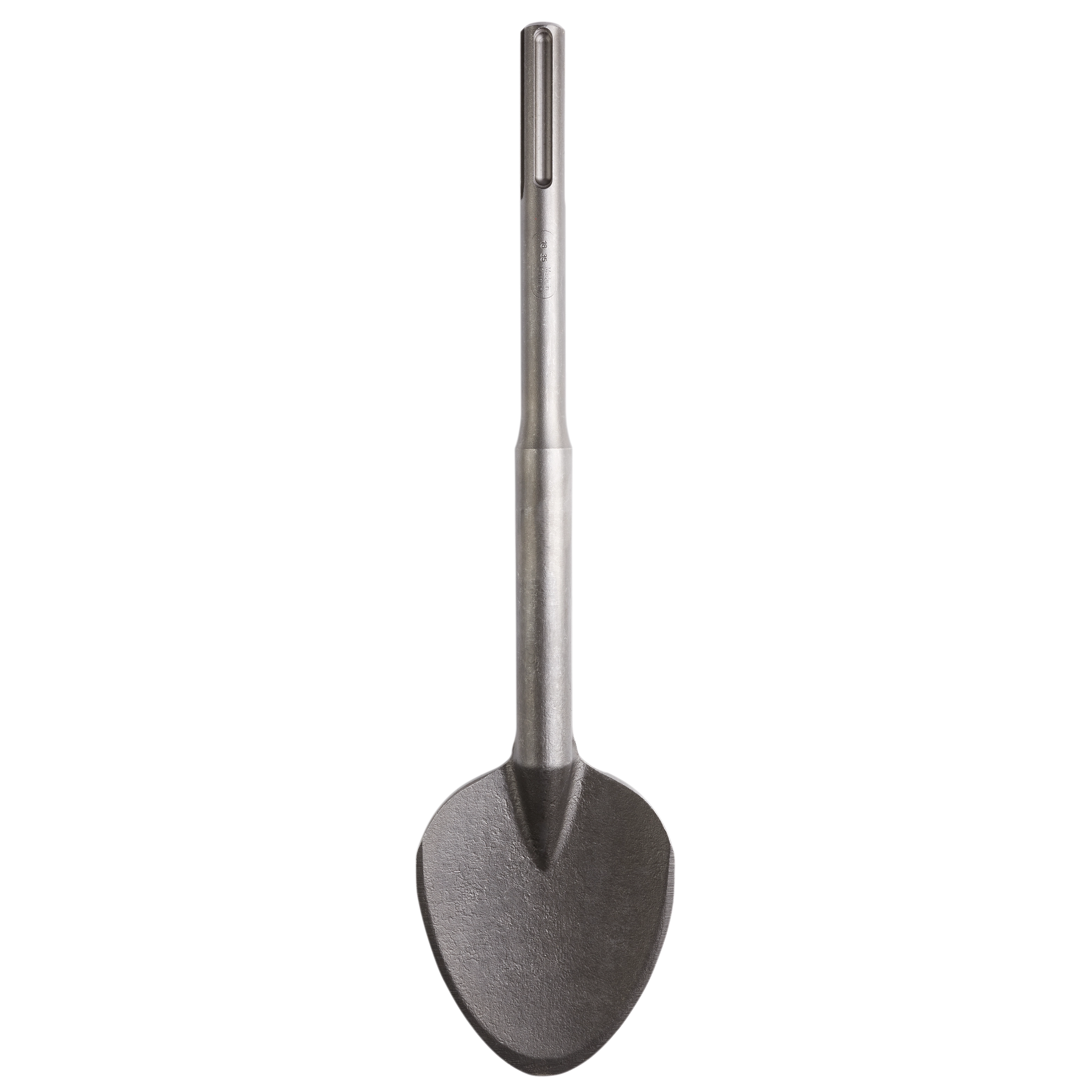 SDSMAX 4.25" x 16" Clay Spade, a heavy-duty steel tool attachment with a curved, flattened blade, designed for digging and trenching.