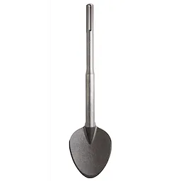 SDSMAX 4.25" x 16" Clay Spade, a heavy-duty steel tool attachment with a curved, flattened blade, designed for digging and trenching.