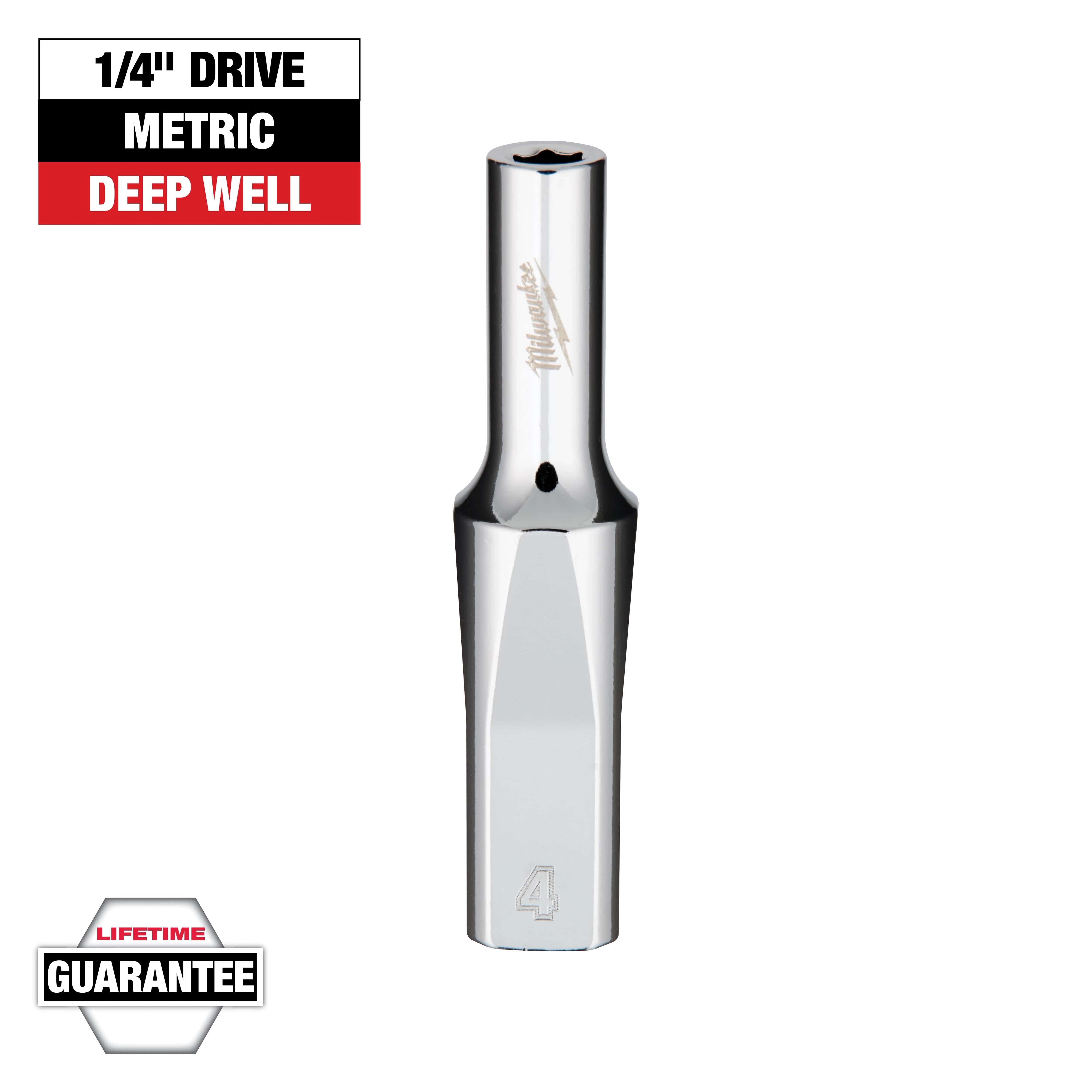 Image of a chrome-finished 1/4" drive metric deep well socket from Milwaukee. The socket is labeled with the number 4 and the brand's logo. Labels indicate "1/4" Drive," "Metric," "Deep Well," and "Lifetime Guarantee." The socket is designed for durability and extended reach.