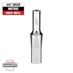 Image of a chrome-finished 1/4" drive metric deep well socket from Milwaukee. The socket is labeled with the number 4 and the brand's logo. Labels indicate "1/4" Drive," "Metric," "Deep Well," and "Lifetime Guarantee." The socket is designed for durability and extended reach.