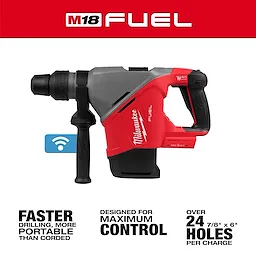 Side view of M18 FUEL 1-9/16" SDS Max Rotary Hammer with ONE-KEY, presented with text highlighting its features: faster drilling, maximum control, and over 24 holes per charge.