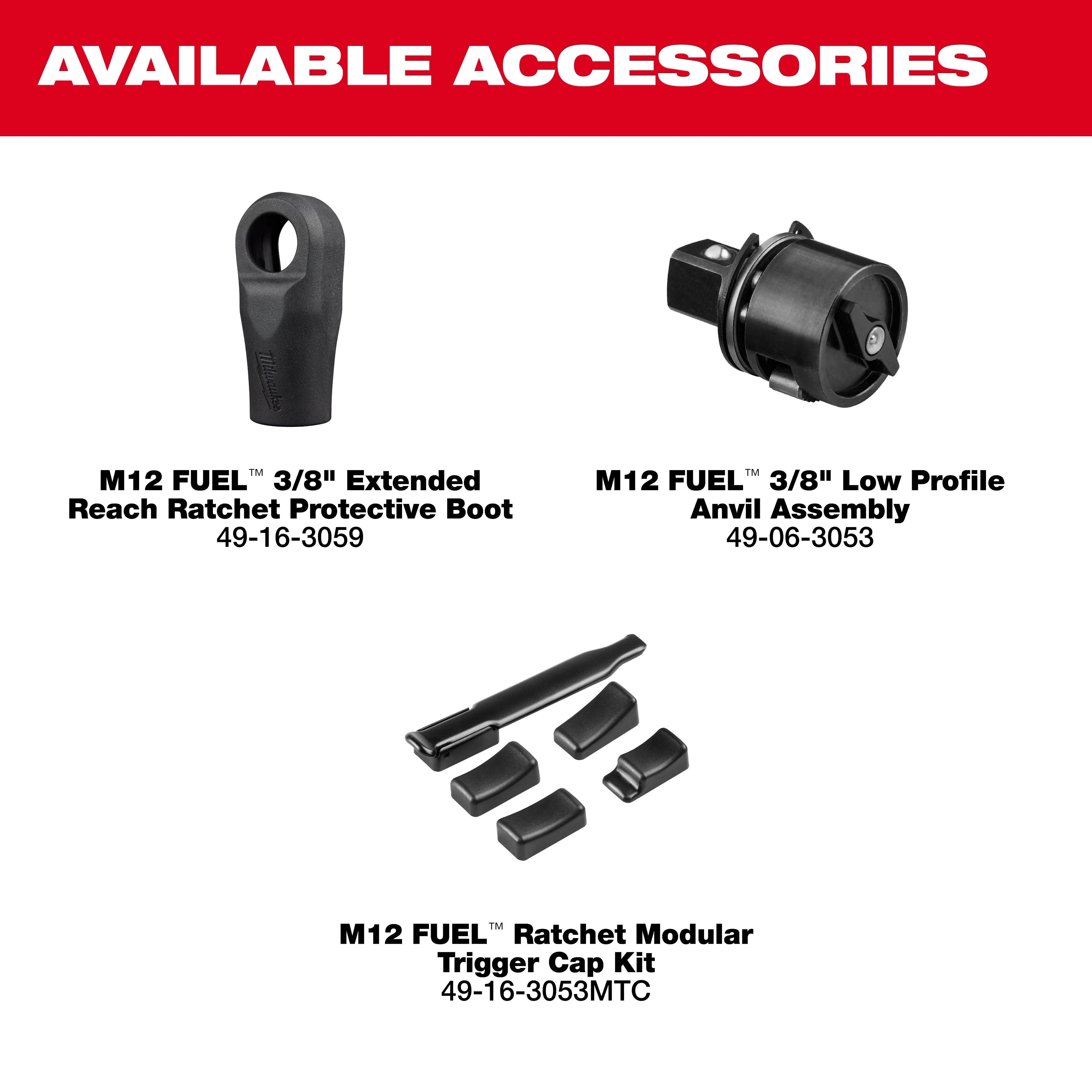 Text graphic listing available accessories for the M12 FUEL 3/8" Extended Reach Ratchet.