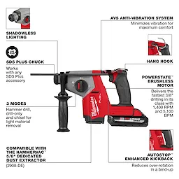 Image of M18 FUEL™ 5/8" SDS Plus Rotary Hammer with labeled features including AVS Anti-Vibration System, shadowless lighting, SDS Plus chuck, hang hook, POWERSTATE™ brushless motor, 3 modes, and AUTOSTOP™ enhanced kickback. Compatible with the HAMMERVAC™ 5/8" dedicated dust extractor.