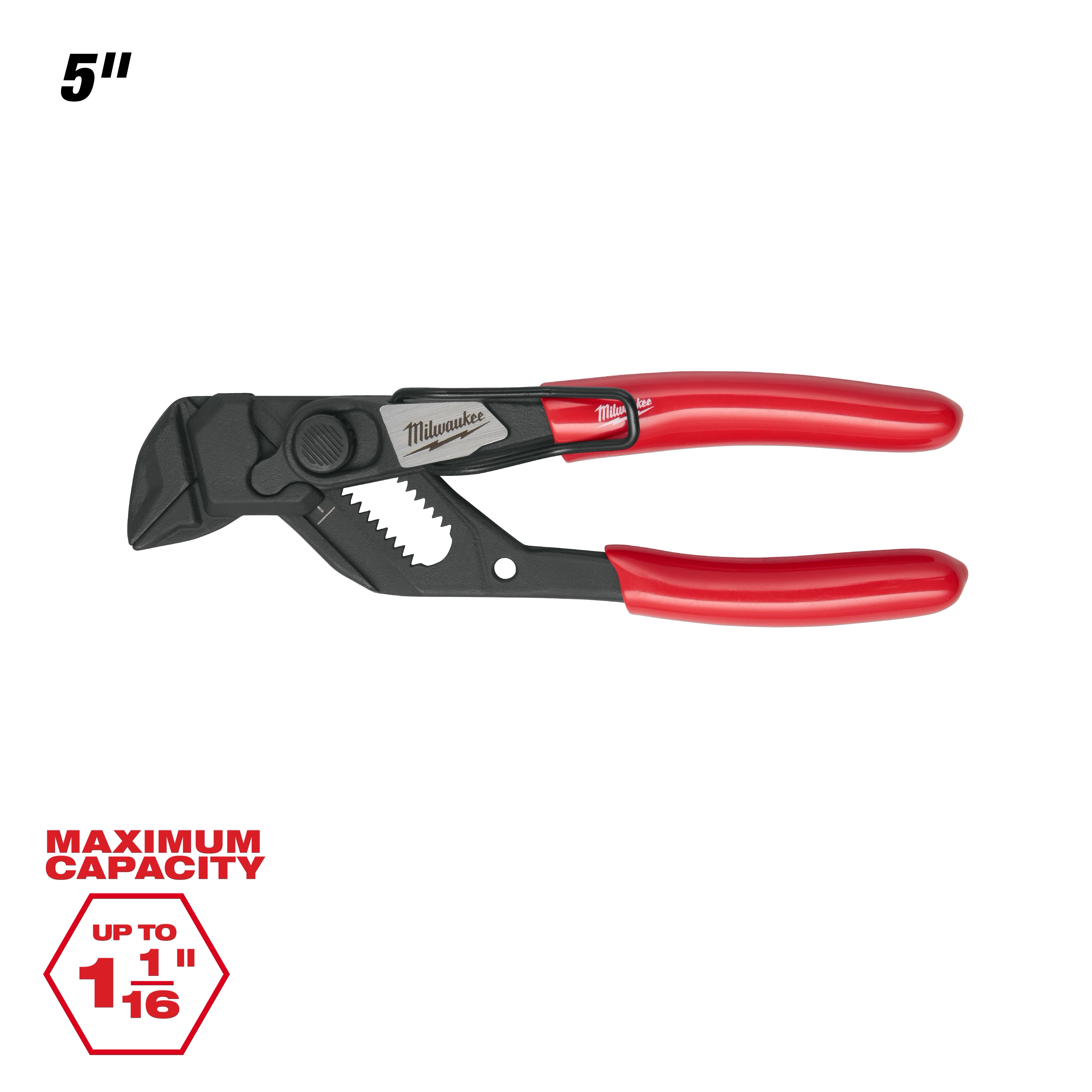 5" Pliers Wrench with Belt Clip features red handles and adjustable jaws. Maximum capacity up to 1 1/16 inches.