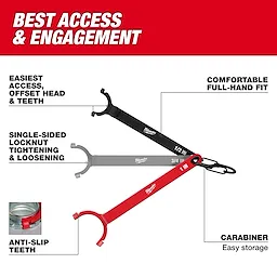 The 3 PC. Locknut Wrench Set includes three wrenches in black, gray, and red, with sizes 1/2", 3/4", and 1". Features include an offset head, single-sided locknut tightening and loosening, anti-slip teeth, a comfortable full-hand fit, and a carabiner for easy storage.