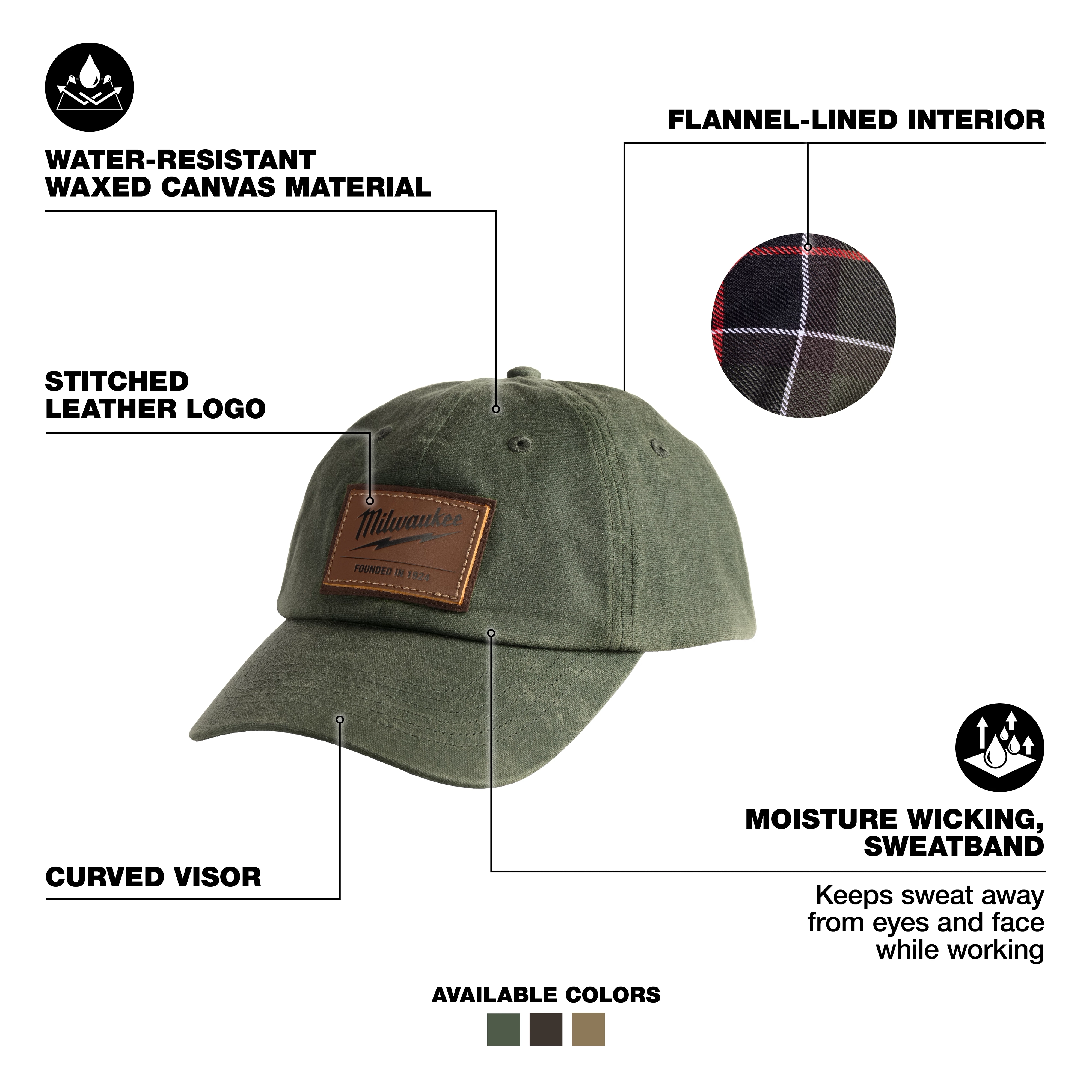 Waxed Canvas Adjustable Hat - Green with a curved visor, stitched leather logo, flannel-lined interior, and moisture-wicking sweatband.