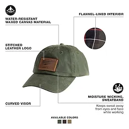 Waxed Canvas Adjustable Hat - Green with a curved visor, stitched leather logo, flannel-lined interior, and moisture-wicking sweatband.