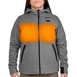 M12™ Women's Heated Hoodie in gray, with highlighted orange heating zones on the chest. The hoodie features a full front zipper, black zipper pockets, and the Milwaukee logo on the left chest.
