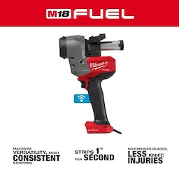 The M18 FUEL™ Covered Conductor Cable Stripper Kit w/ Adjustable Bushings features a red and black cordless tool with adjustable bushings. It offers consistent stripping at a rate of 1 inch per second and includes safety features to reduce knife injuries.