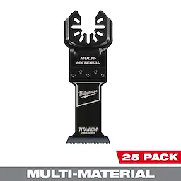 Milwaukee Open-Lok 1-3/8" Titanium Charged Bi-Metal Multi-Material Multi-Tool Blade, 25-pack, with "Multi-Material" label and teeth edge.